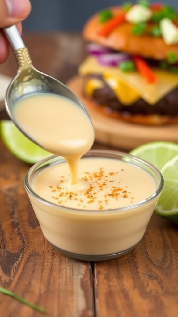 A bowl of creamy quesadilla burger sauce with a lime slice, next to a juicy burger.